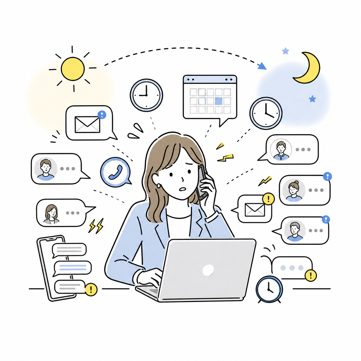 外注管理の連絡対応で1日が終わっている女性の様子
