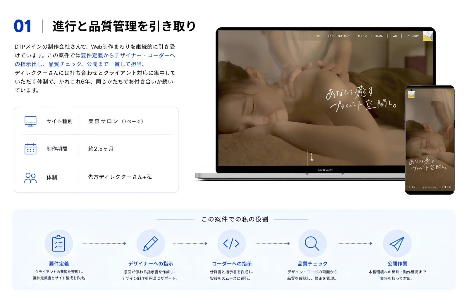 美容サロン Natalie の制作実績。PCとスマートフォンのモックアップ、担当範囲、制作フローをまとめたスライド。